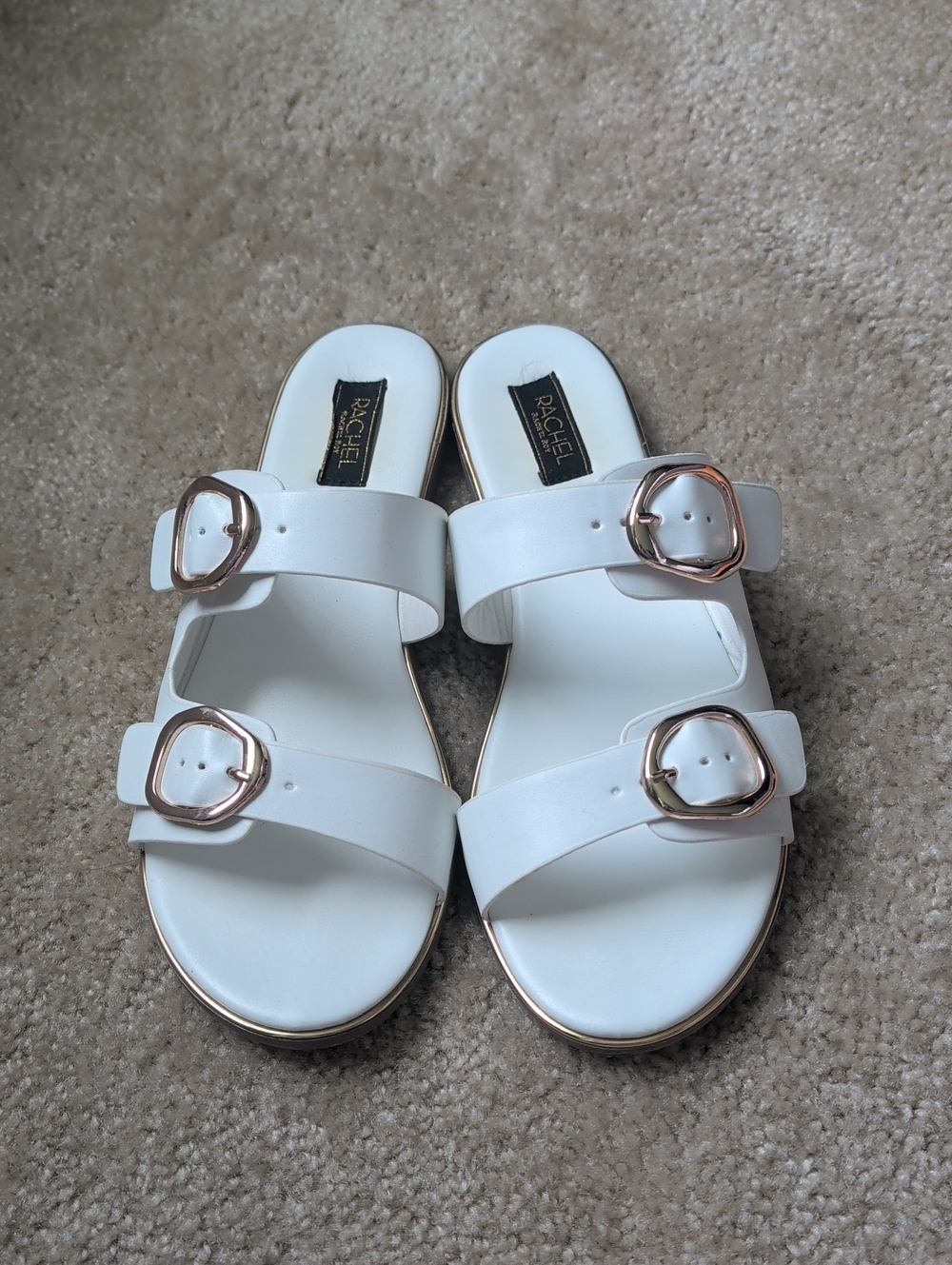 Rachel Zoe White Double-Strap Slide Sandals with Rose Gold Buckles